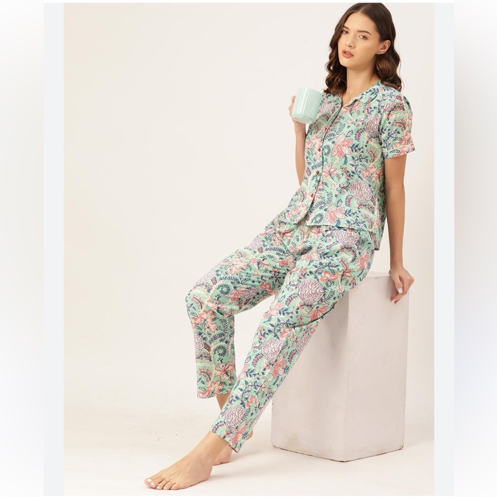 Cotton Green and Pink Floral Pajama Set